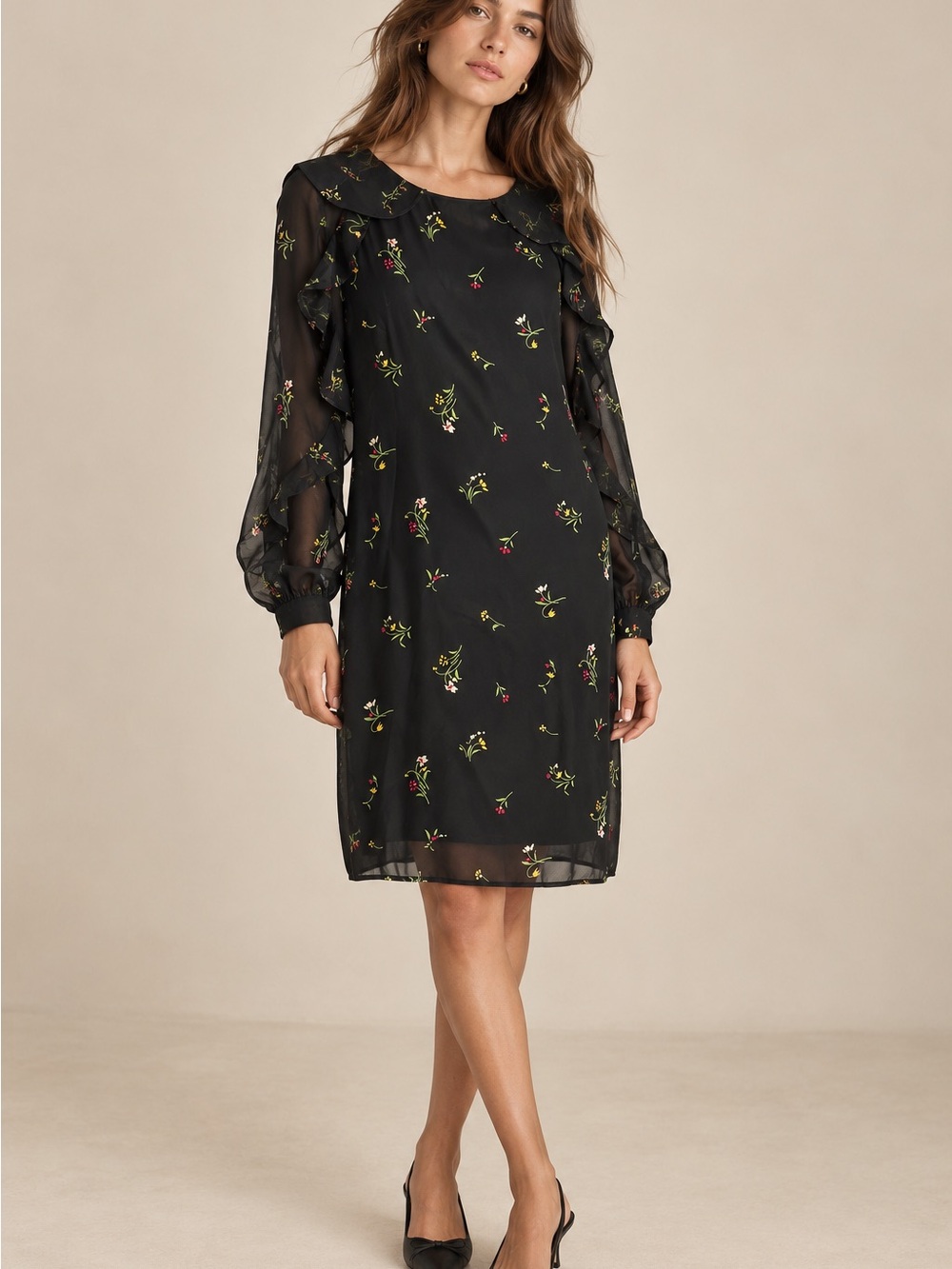 Chaps Black Floral Long-Sleeve Ruffle Shift Dress
